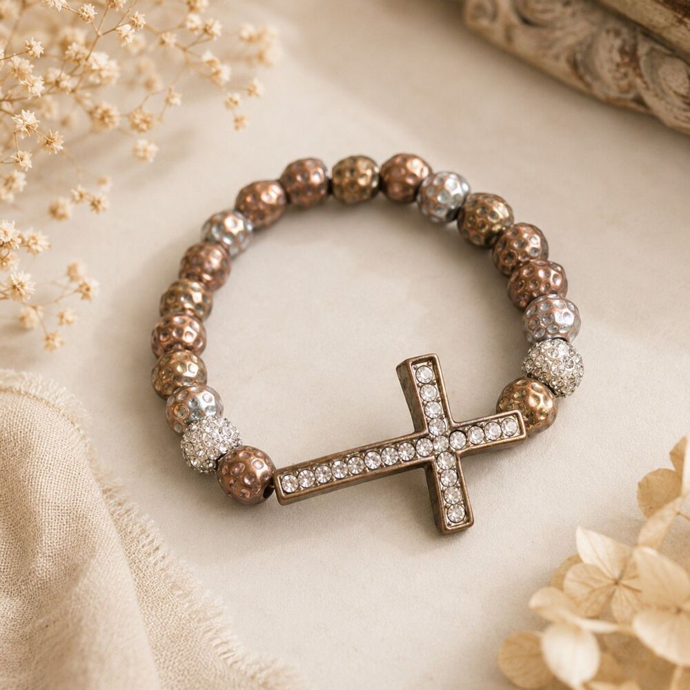 Rhinestone Sideways Cross Stretch Bracelet, Rose Gold Christian Faith Jewelry
